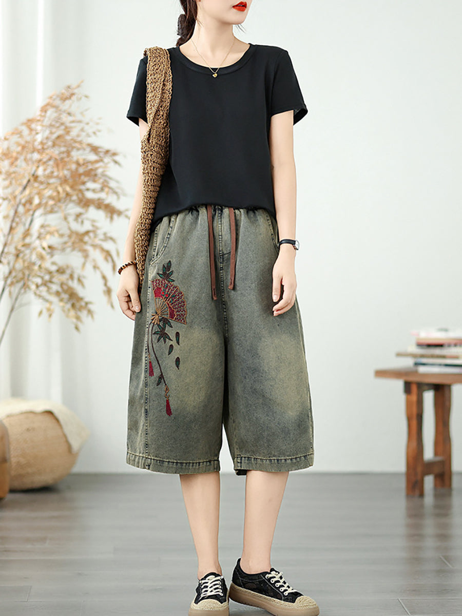 Straight Embroidery Women Denim Fifth Pants Flower Retro