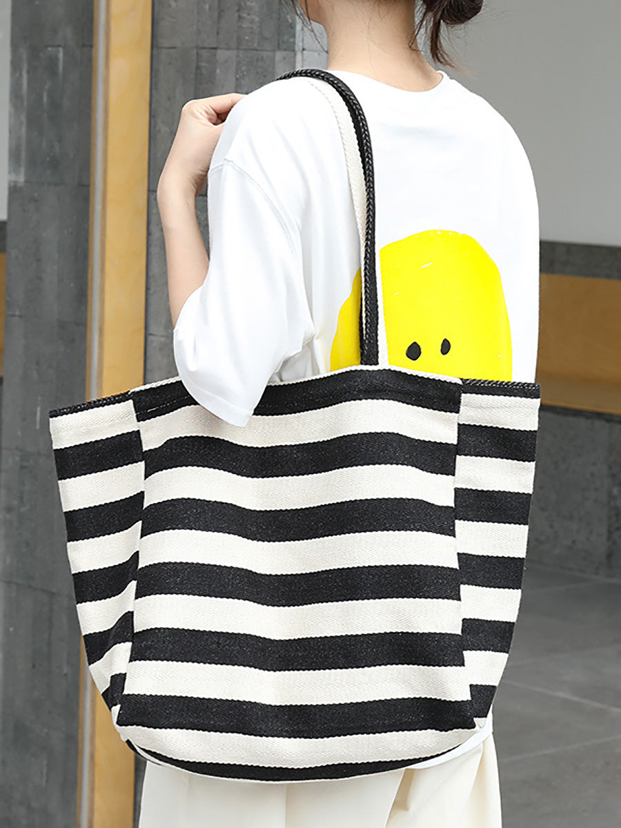 Women Casual Stripe Canvas Large Capacity Shoulder Bag CX044