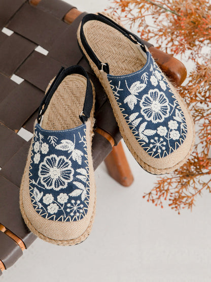 Women Sandals Linen Embroidery Ethnic Flower