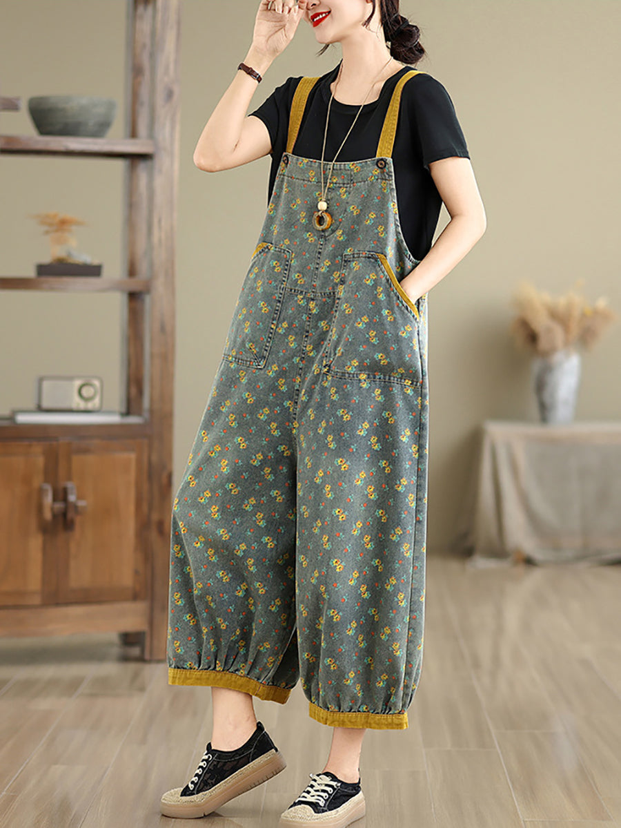 Women Casual Denim Jumpsuits Floral Wide-leg Summer