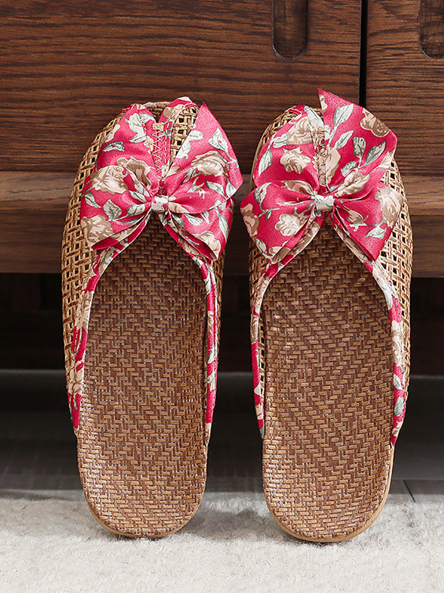 Bowknot Ethnic Weave Women Indoor Slippers Straw Flower