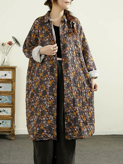 Women Vintage Autumn Flower Button-up Thin Cotton Coat AK1014