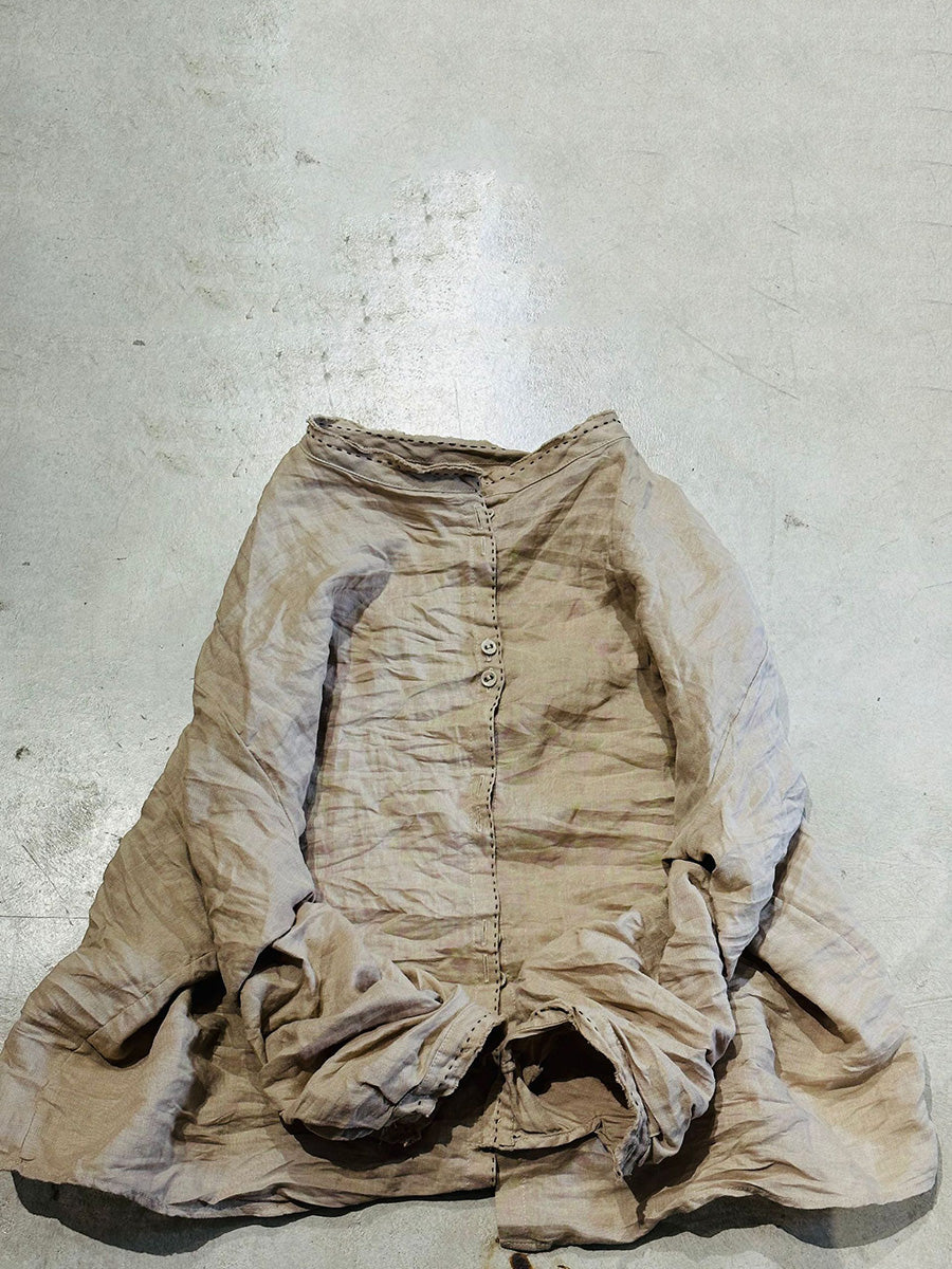 Solid Loose Women Blouse Vintage Collar Stand Ramie