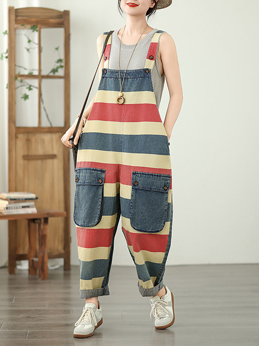 Summer Colorblock Women Loose Denim Stripe Jumpsuits