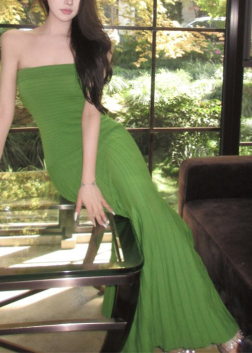 New Dresses Wrinkled knitting Long Cotton Green Strapless