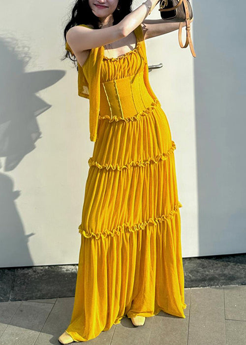 Yellow Ruffled New Cotton Dress Spaghetti Solid Strap Sleeveless