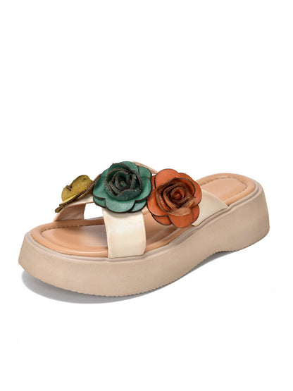 Women Summer Platform Spliced Flower Leather Slippers