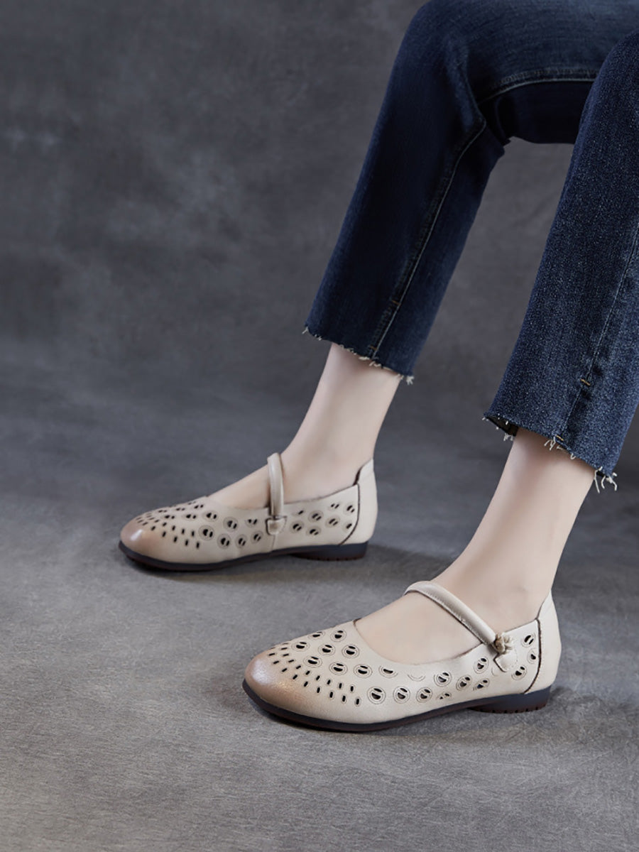 Genuine Shoes Women Summer Hollow Out Heel Low Leather