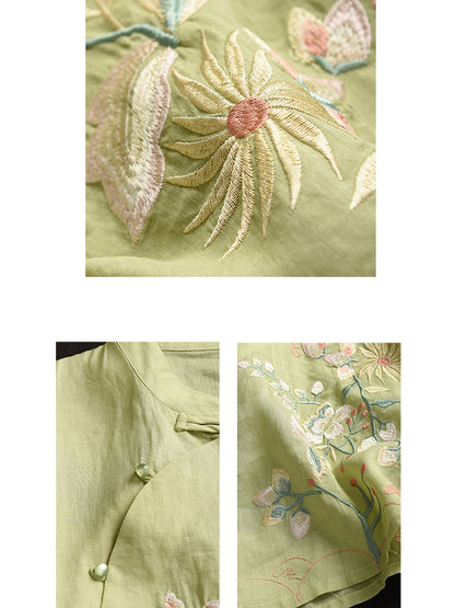 Women Vintage Floral Embroidery Ramie Stand Collar Shirt WE1038