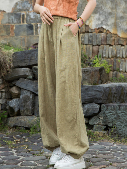 Women Pure Ramie Straight Worn Color Summer Pants