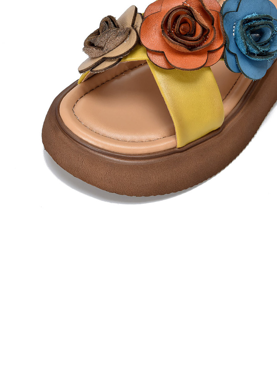 Women Summer Platform Spliced Flower Leather Slippers