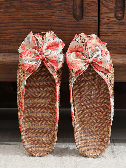 Bowknot Ethnic Weave Women Indoor Slippers Straw Flower