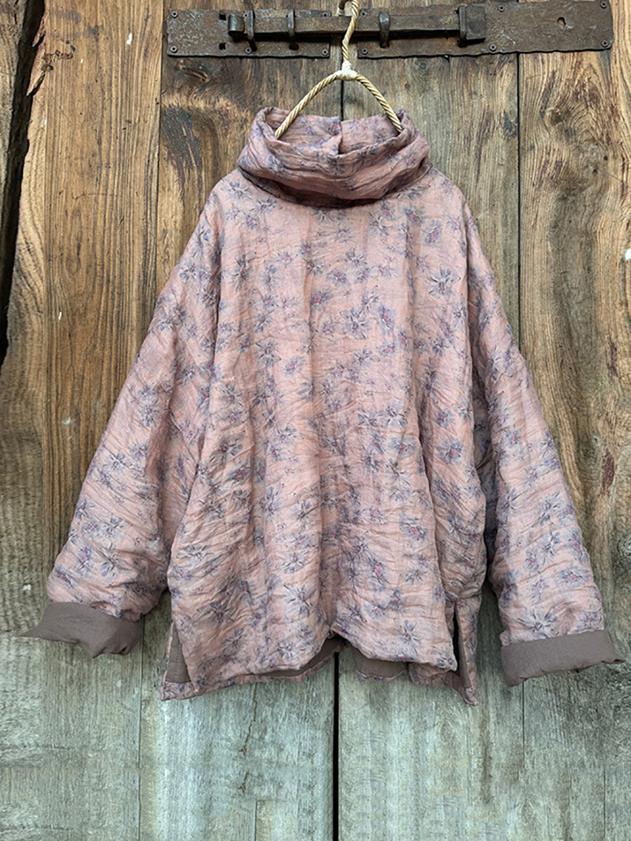 Women Vintage Autumn Floral Turtleneck Ramie Padded Coat QM029