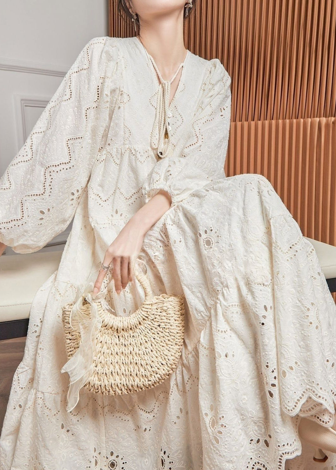 Beige V Out Hollow Lantern Cotton Neck Style Dresses French