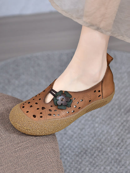 Leather Fashion Shoes Hollow Women Out Flower Flat