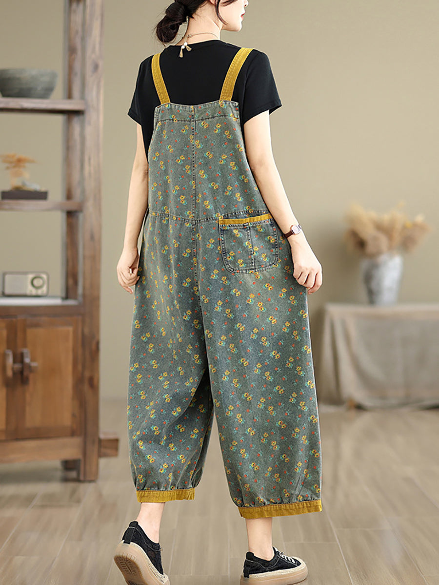 Women Casual Denim Jumpsuits Floral Wide-leg Summer