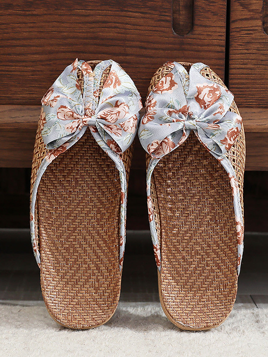 Bowknot Ethnic Weave Women Indoor Slippers Straw Flower