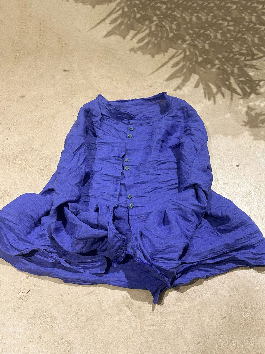 Solid Loose Women Blouse Vintage Collar Stand Ramie