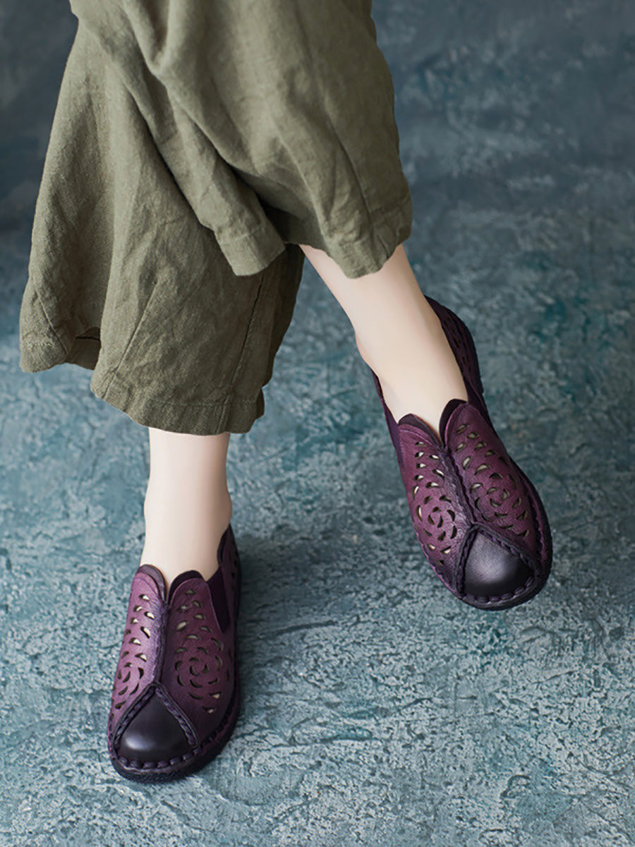 Women Summer Genuine Leather Cutout Spliced Falt Shoes LL003