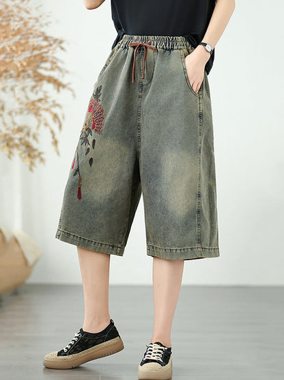 Straight Embroidery Women Denim Fifth Pants Flower Retro