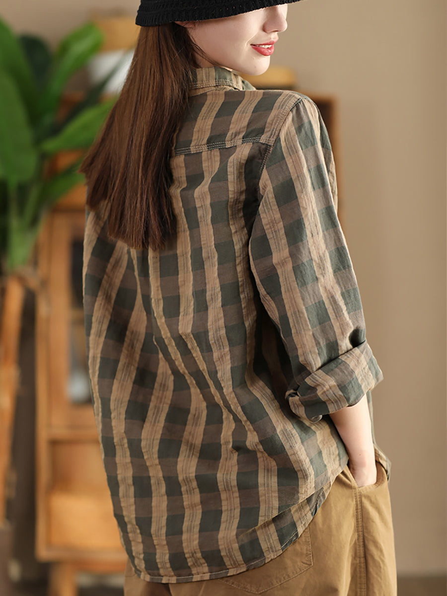 Women Autumn Vintage Plaid Button-up Linen Blouse AT1038