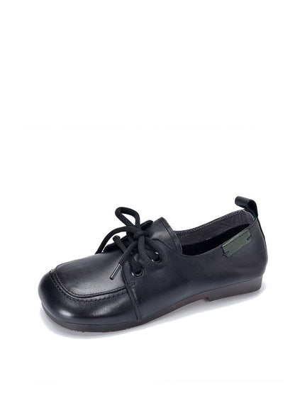 Women Summer Retro Solid Leather Square Toe Flat Shoes CX041