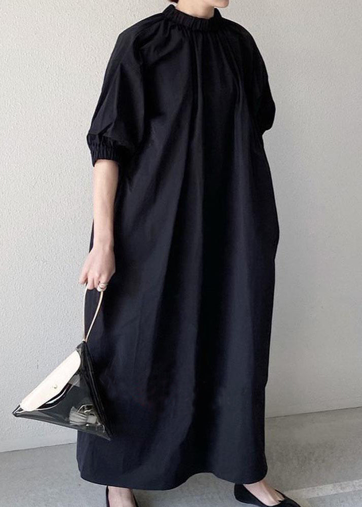 Navy Back Zippered Dress Half Women Cotton Maxi Sleeve