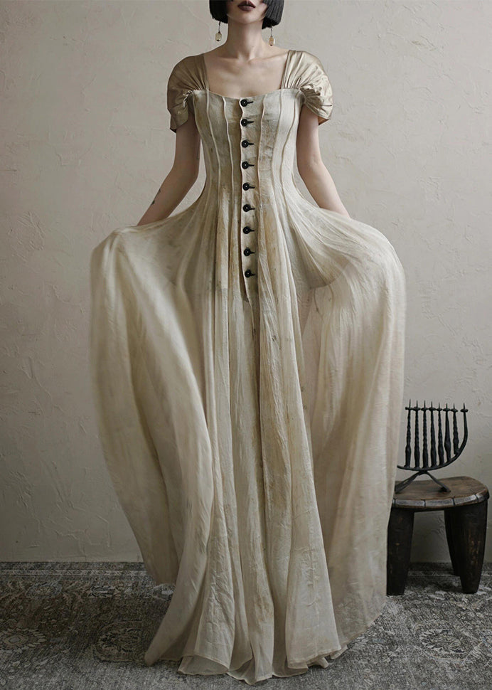 Square Button Collar Summer Vintage Long Dress