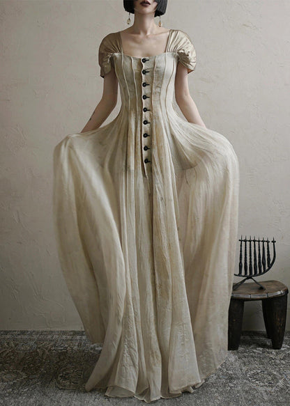Square Button Collar Summer Vintage Long Dress