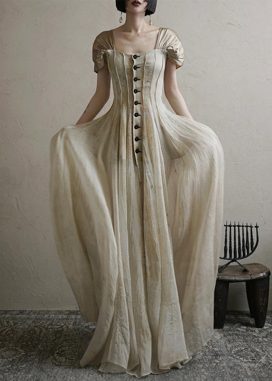 Square Button Collar Summer Vintage Long Dress