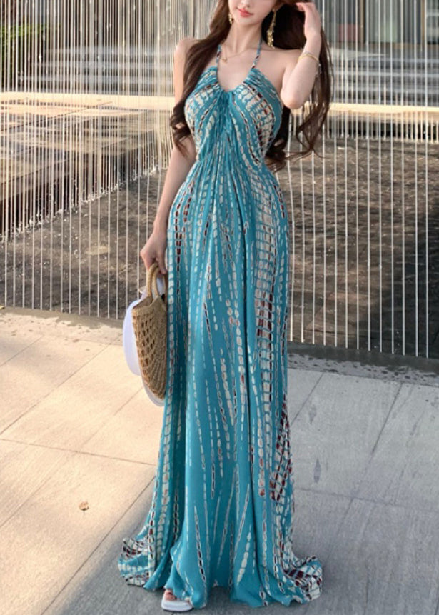 Print Dress Sleeveless Backless Blue Vacation Cotton Stylish