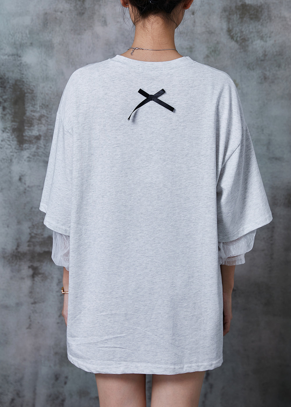 Stylish Grey Cat Patchwork Bow Cotton Fake Two Piece Tanks Summer QA1007