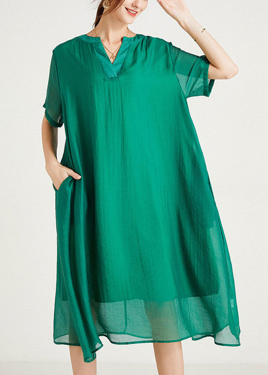 Size Summer Cotton Plus Dresses V Neck Women Green