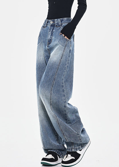 Pants Fashion Pockets High Spring Blue Patchwork Waist Denim