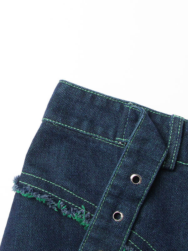 Denim Shiny Waisted Skirt A-Line Green Belted Chic High Tulle