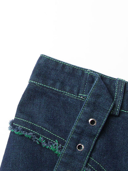 Denim Shiny Waisted Skirt A-Line Green Belted Chic High Tulle