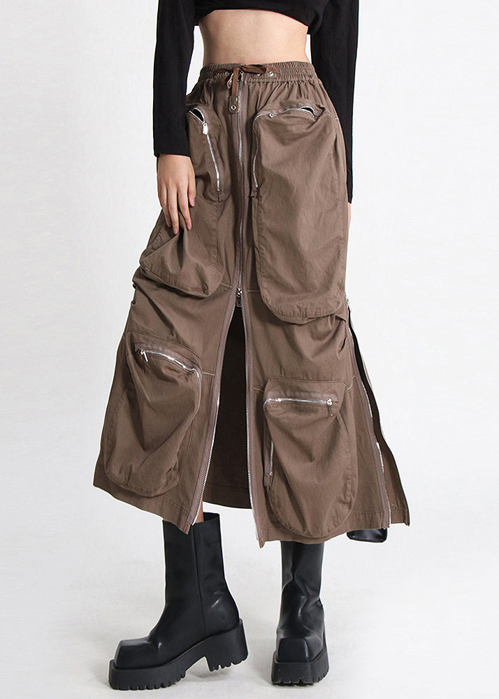 Summer Zippered Elastic Waist Skirt Pockets Loose Cotton Brown