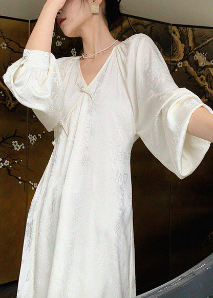 New Long Jacquard Beige Spring Neck Silk Oriental Dress Button V