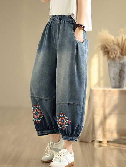 Denim Flower Women Pants Harem Embroidery Retro