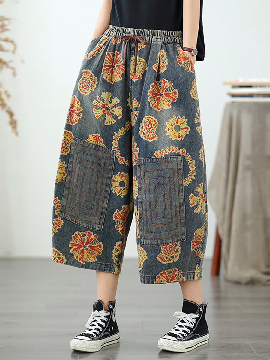 Women Straight Pants Retro Capri Flower Denim