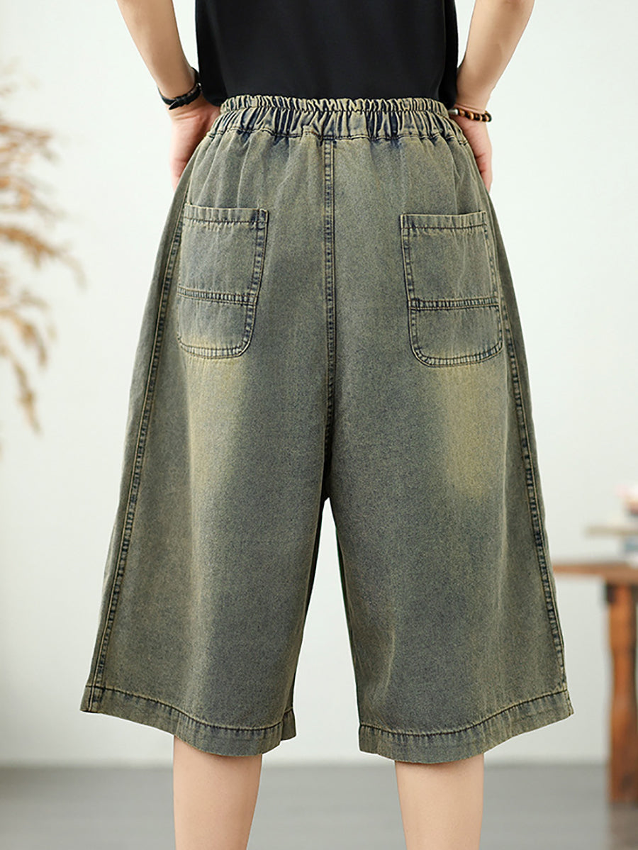 Straight Embroidery Women Denim Fifth Pants Flower Retro