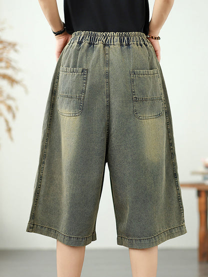 Straight Embroidery Women Denim Fifth Pants Flower Retro