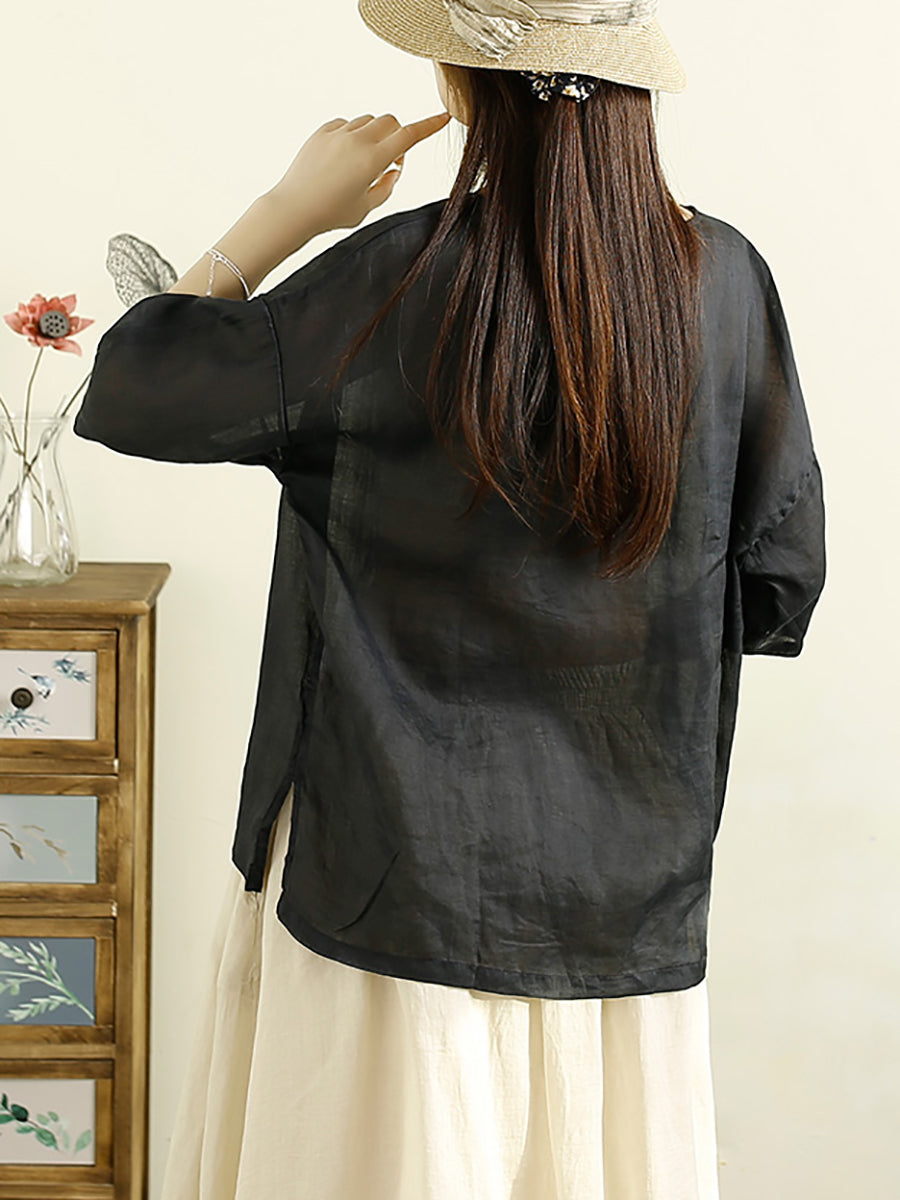 Women Summer Casual Print Loose Ramie Shirt OP1043