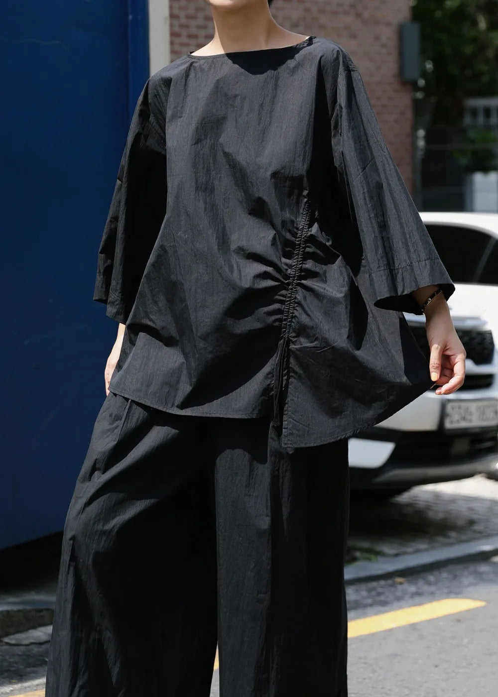 Casual Cotton Top Drawstring Sleeve Khaki Half Asymmetrical