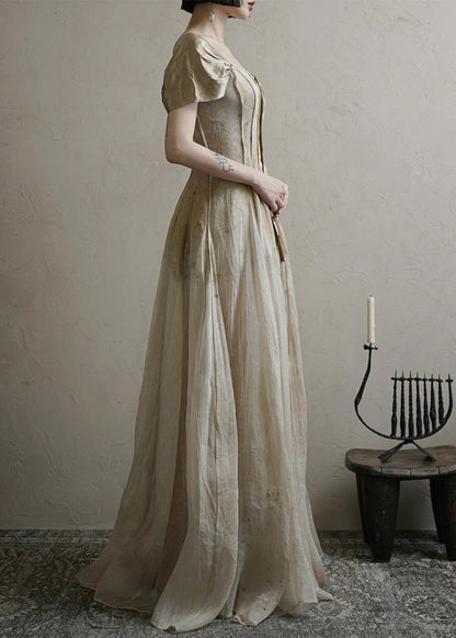 Square Button Collar Summer Vintage Long Dress