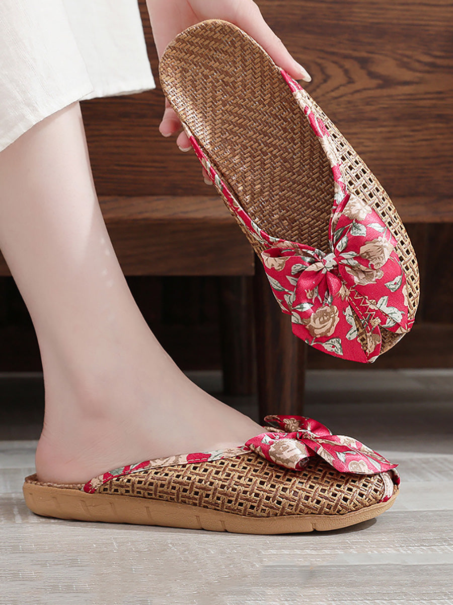 Bowknot Ethnic Weave Women Indoor Slippers Straw Flower