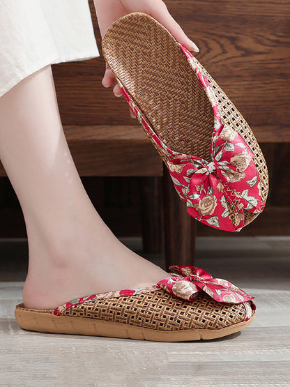 Bowknot Ethnic Weave Women Indoor Slippers Straw Flower