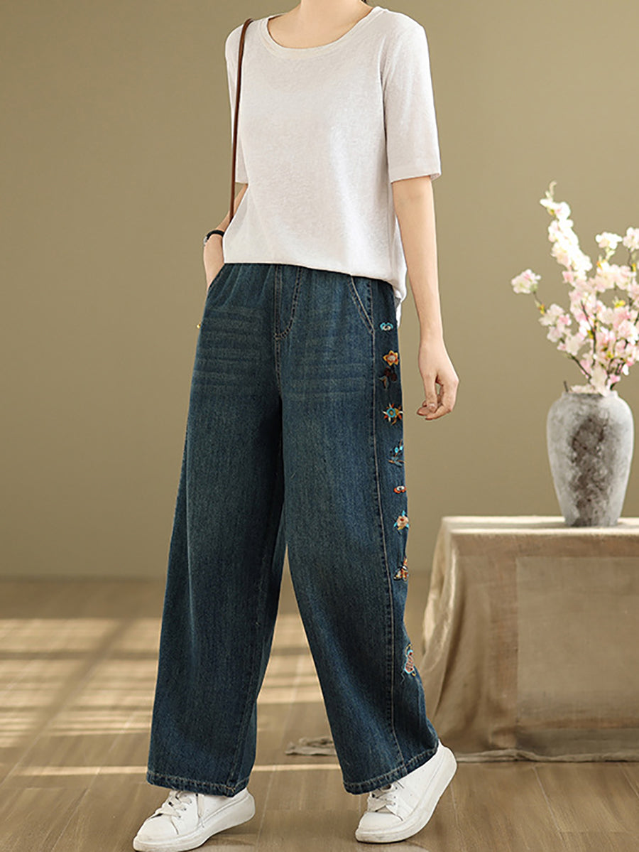 Pants Embroidery Women Wide-leg Retro Denim