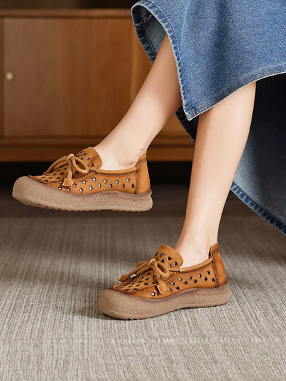Genuine Shoes Hollow Out Summer Leather Flat Women