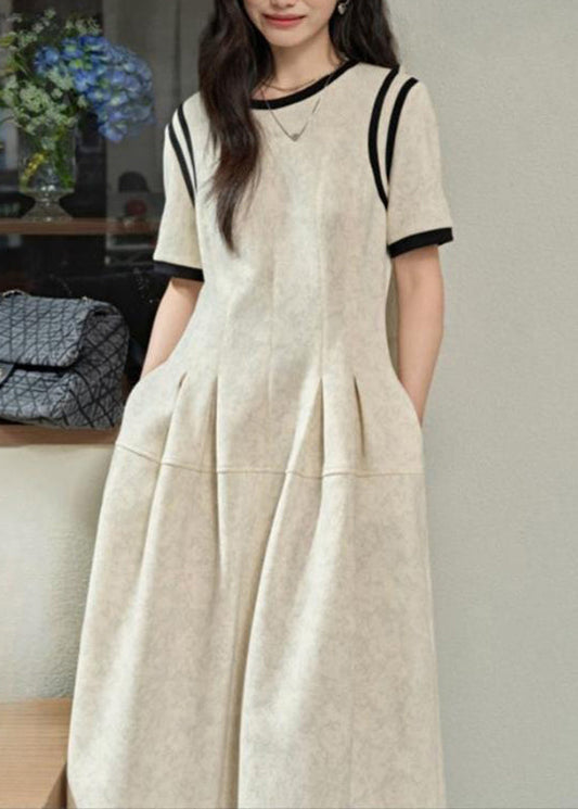 Brief O-Neck Wrinkled Maxi Grey Light Dresses Patchwork Summer